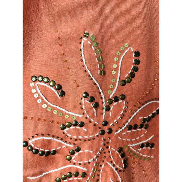 Alfred Dunner Peach Orange Embellished Knit Top Medium Floral Studs Sz. M Beaded - Picture 2 of 5
